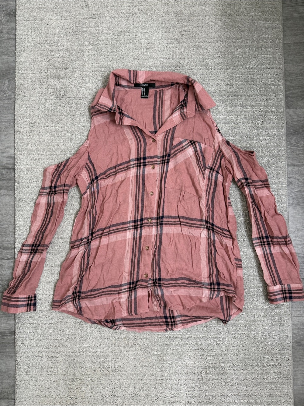 Lush Pink Plaid Cold-Shoulder Button-Front Shirt